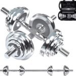 Fitness Dumbbells Set, Adjustable Weight Sets up to 11/22/44/66/110 lbs, with Metal Connecting Rod Used As Barbell, Chromed Weights, Hardcover Gift Box, Home Gym Work Out Training Equipment