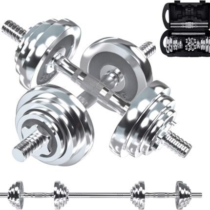 Fitness Dumbbells Set, Adjustable Weight Sets up to 11/22/44/66/110 lbs, with Metal Connecting Rod Used As Barbell, Chromed Weights, Hardcover Gift Box, Home Gym Work Out Training Equipment